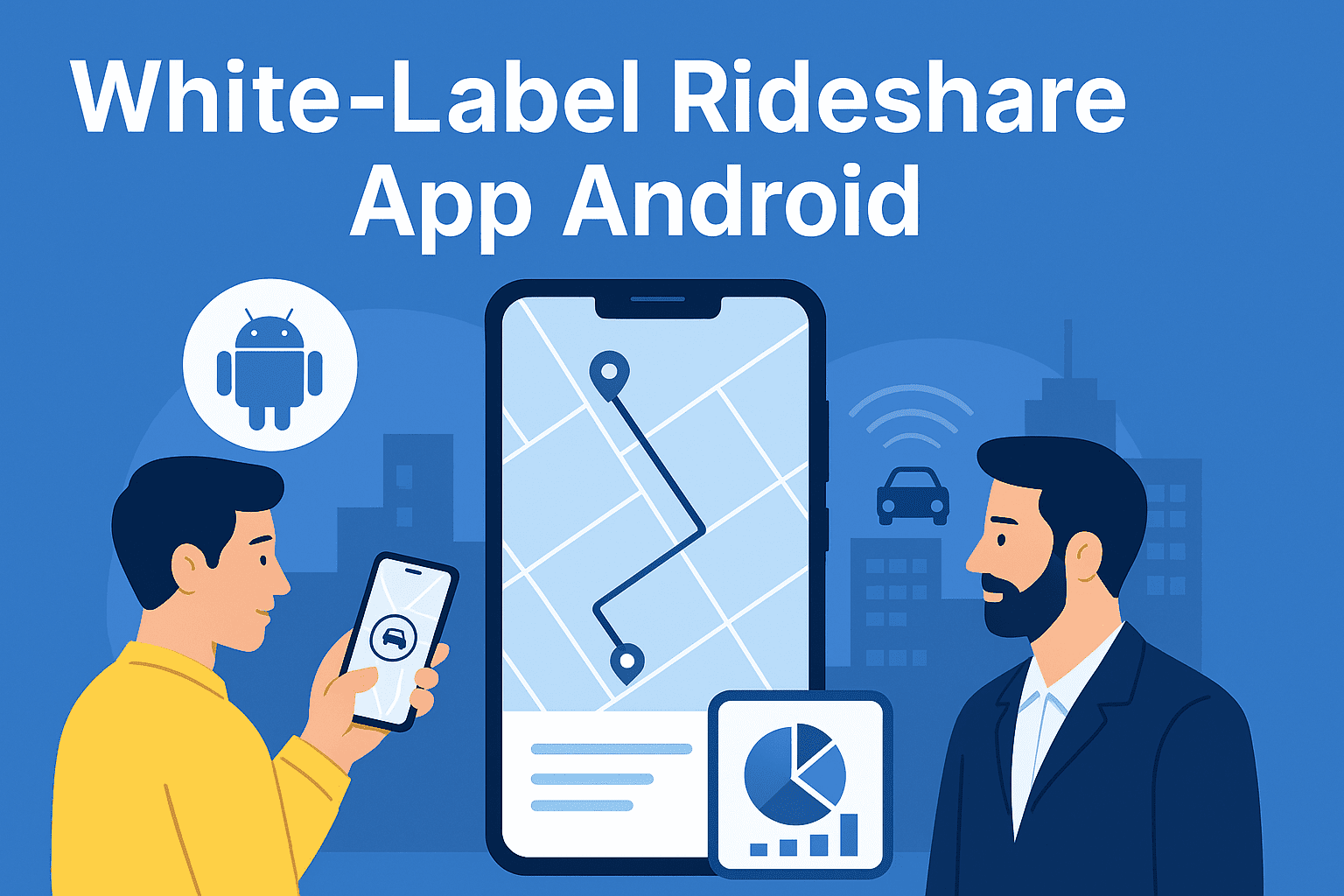 Illustration of a white-label rideshare app on Android showing a smartphone with a route map, a driver, and a passenger in a modern business concept design